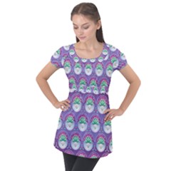 Background Floral Pattern Purple Puff Sleeve Tunic Top