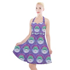 Background Floral Pattern Purple Halter Party Swing Dress 