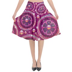 Pink Abstract Background Floral Glossy Flared Midi Skirt by Wegoenart