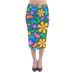 Floral Paisley Background Flowers Velvet Midi Pencil Skirt by Wegoenart