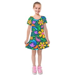 Floral Paisley Background Flowers Kids  Short Sleeve Velvet Dress by Wegoenart