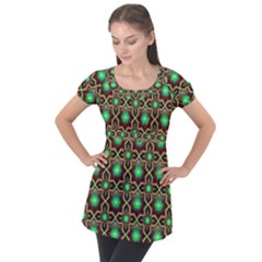 Pattern Background Bright Brown Puff Sleeve Tunic Top