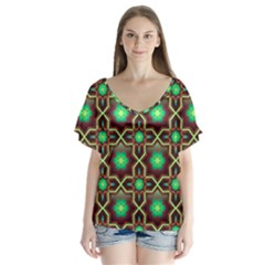 Pattern Background Bright Brown V-neck Flutter Sleeve Top