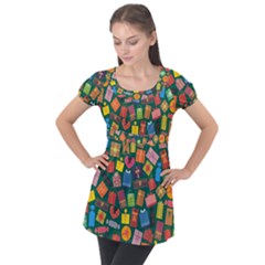 Presents Gifts Background Colorful Puff Sleeve Tunic Top