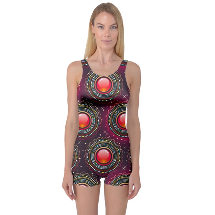 Abstract Circle Gem Pattern One Piece Boyleg Swimsuit