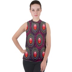 Abstract Circle Gem Pattern Mock Neck Chiffon Sleeveless Top by Wegoenart