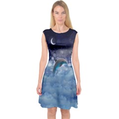 Midnight Blue Dolphin Swimming On Clouds Capsleeve Midi Dress