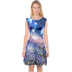 Blue Science Stars Moon Space Capsleeve Midi Dress by PattyVilleDesigns