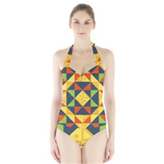 Background Geometric Color Halter Swimsuit