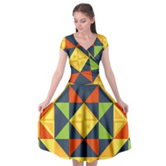 Background Geometric Color Cap Sleeve Wrap Front Dress