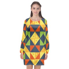 Background Geometric Color Long Sleeve Chiffon Shift Dress 