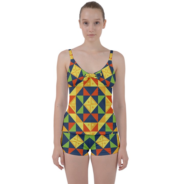 Background Geometric Color Tie Front Two Piece Tankini