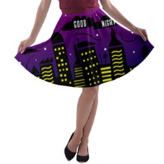 City Architecture Night Skyscraper A-line Skater Skirt by Wegoenart