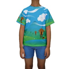 Landscape Nature Mountain Field Kids  Short Sleeve Swimwear by Wegoenart