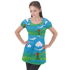 Landscape Nature Mountain Field Puff Sleeve Tunic Top