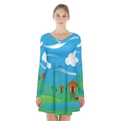 Landscape Nature Mountain Field Long Sleeve Velvet V-neck Dress by Wegoenart