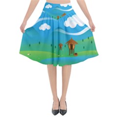 Landscape Nature Mountain Field Flared Midi Skirt by Wegoenart