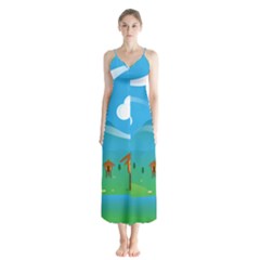 Landscape Nature Mountain Field Button Up Chiffon Maxi Dress