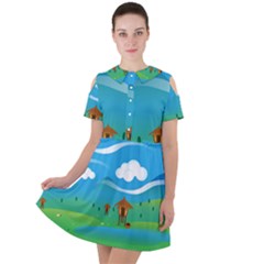 Landscape Nature Mountain Field Short Sleeve Shoulder Cut Out Dress 