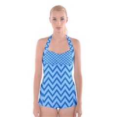 Blue Chevron Background Abstract Pattern Boyleg Halter Swimsuit  by Wegoenart