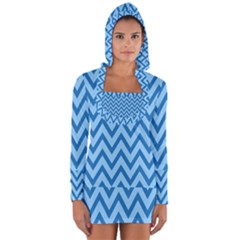 Blue Chevron Background Abstract Pattern Long Sleeve Hooded T-shirt by Wegoenart