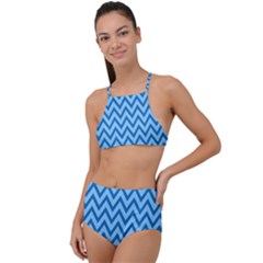 Blue Chevron Background Abstract Pattern High Waist Tankini Set