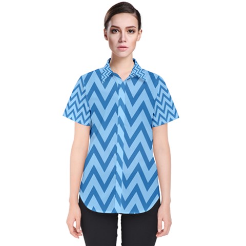 Blue Chevron Background Abstract Pattern Women s Short Sleeve Shirt by Wegoenart