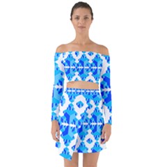 Blue Background Cubes Abstract Wallpapers Off Shoulder Top With Skirt Set by Wegoenart