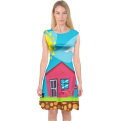 Kawaii Caricature Sun Nature City Capsleeve Midi Dress by Wegoenart