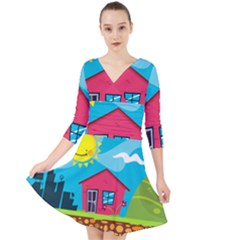 Kawaii Caricature Sun Nature City Quarter Sleeve Front Wrap Dress