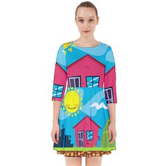 Kawaii Caricature Sun Nature City Smock Dress by Wegoenart