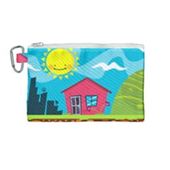 Kawaii Caricature Sun Nature City Canvas Cosmetic Bag (medium) by Wegoenart