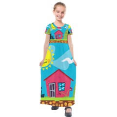 Kawaii Caricature Sun Nature City Kids  Short Sleeve Maxi Dress by Wegoenart