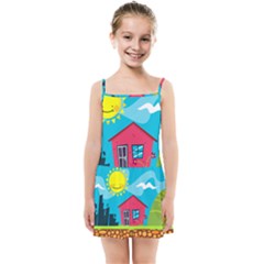 Kawaii Caricature Sun Nature City Kids  Summer Sun Dress by Wegoenart