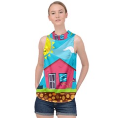 Kawaii Caricature Sun Nature City High Neck Satin Top