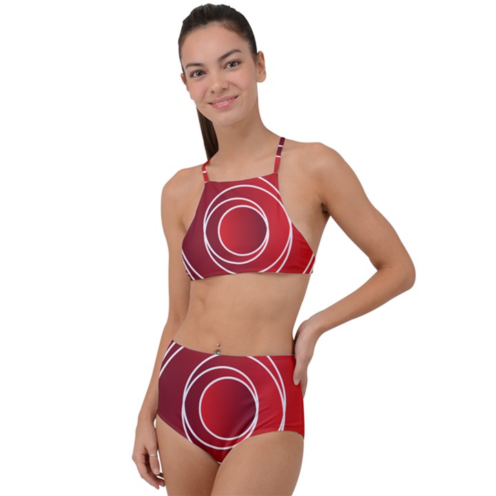 Background Circles Red High Waist Tankini Set