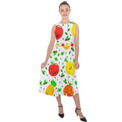 Pattern Fruit Fruits Orange Green Midi Tie-back Chiffon Dress by Wegoenart