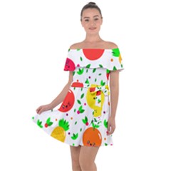 Pattern Fruit Fruits Orange Green Off Shoulder Velour Dress