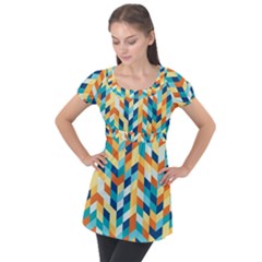 Geometric Retro Wallpaper Puff Sleeve Tunic Top