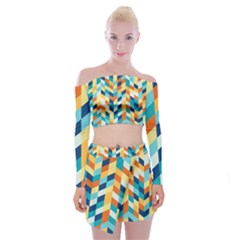 Geometric Retro Wallpaper Off Shoulder Top With Mini Skirt Set by Wegoenart