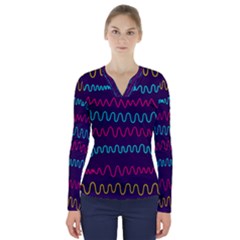 Background Waves Abstract Background V-neck Long Sleeve Top by Wegoenart