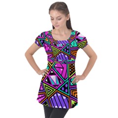 Background Abstract Pattern Puff Sleeve Tunic Top