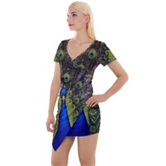 Peacock Bird Plumage Display Full Short Sleeve Asymmetric Mini Dress by Wegoenart