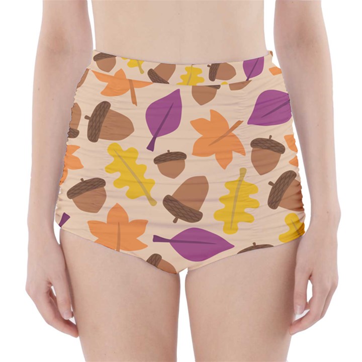 Acorn Autumn Background Boxes Fall High-Waisted Bikini Bottoms