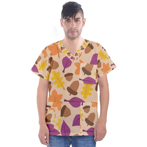 Acorn Autumn Background Boxes Fall Men s V-neck Scrub Top by Wegoenart