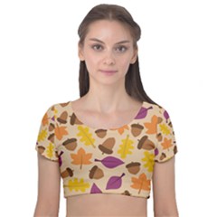 Acorn Autumn Background Boxes Fall Velvet Short Sleeve Crop Top  by Wegoenart