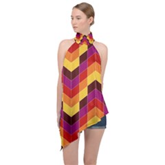 Geometric Pattern Triangle Halter Asymmetric Satin Top by Wegoenart