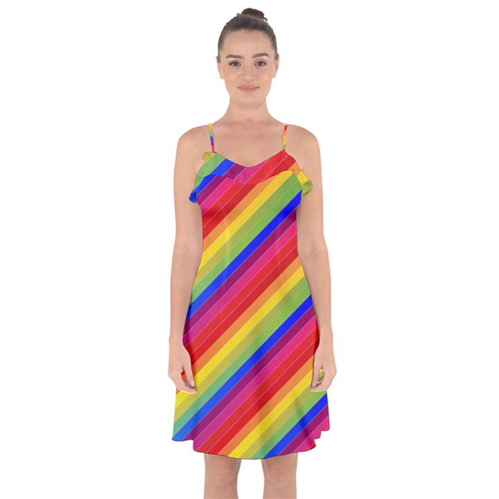 Rainbow Background Colorful Ruffle Detail Chiffon Dress