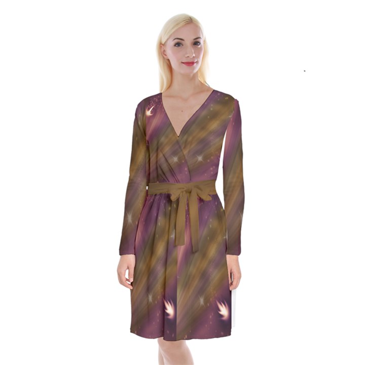 Space Orbs Stars Abstract Sky Long Sleeve Velvet Front Wrap Dress