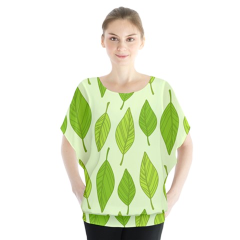 Autumn Background Boxes Green Leaf Batwing Chiffon Blouse by Wegoenart